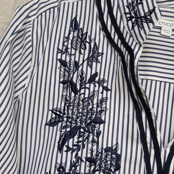 Chico's Navy and White Embroidered Striped Tunic Blouse - Picture 3 of 9